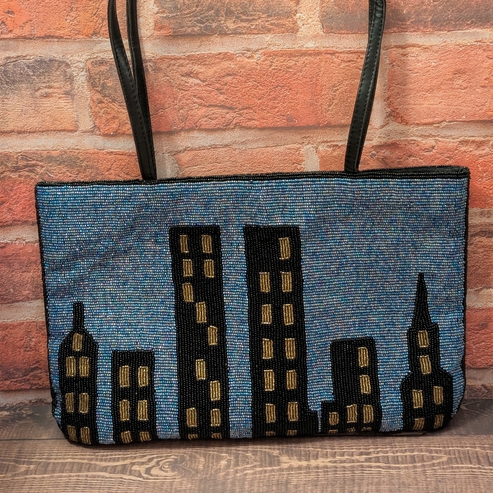 Urban Skyline Beaded Tote - Black and Blue